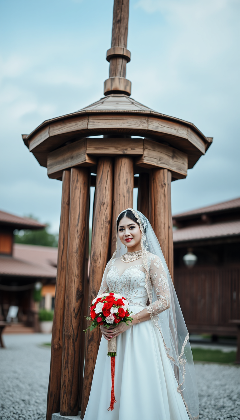 Main art studio: bride standing in front of a wooden pole