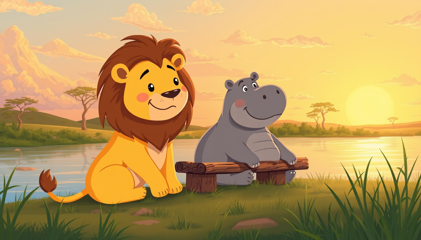 Main art studio: Illustration finale d’un livre pour enfants : le même lion gentil à la crinière dorée et le même hippopotame gris sont assis côte à côte près de la ri