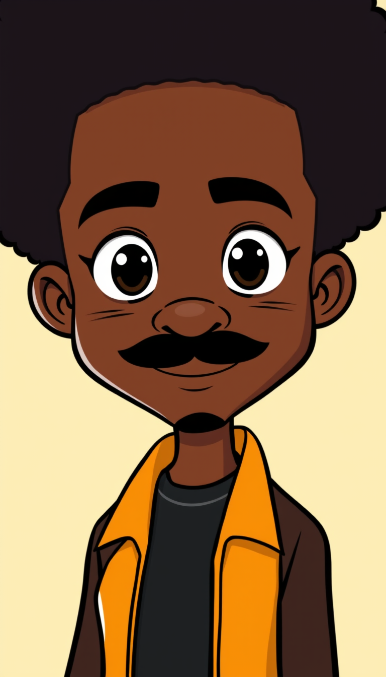 Cartoon Avatar idea created from the prompt: cartoon avatar, head-and-shoulders, bold outlines, flat shading, une personne noir avec un afro en mode cartoon avec plusieur emotion sans m