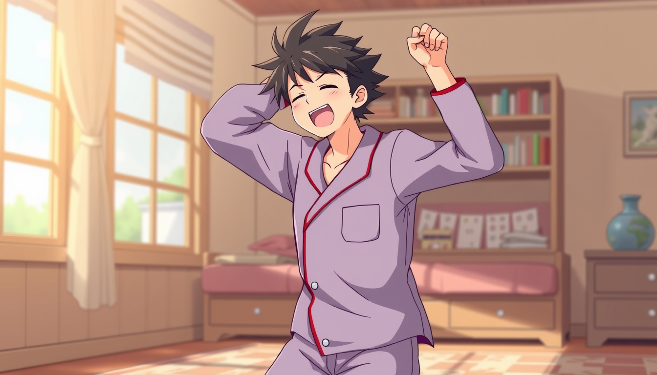 Main art studio: Roy from Fire Emblem in pajamas, standing up stretching and yawning