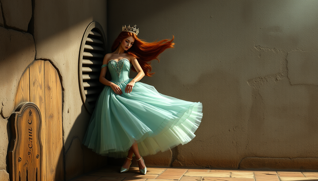 Main art studio: Princes bubbkegum from adventuretime steps next to a wall vent that made her skirt flutter beautifuly then she holds the middoe age of her skirt with 