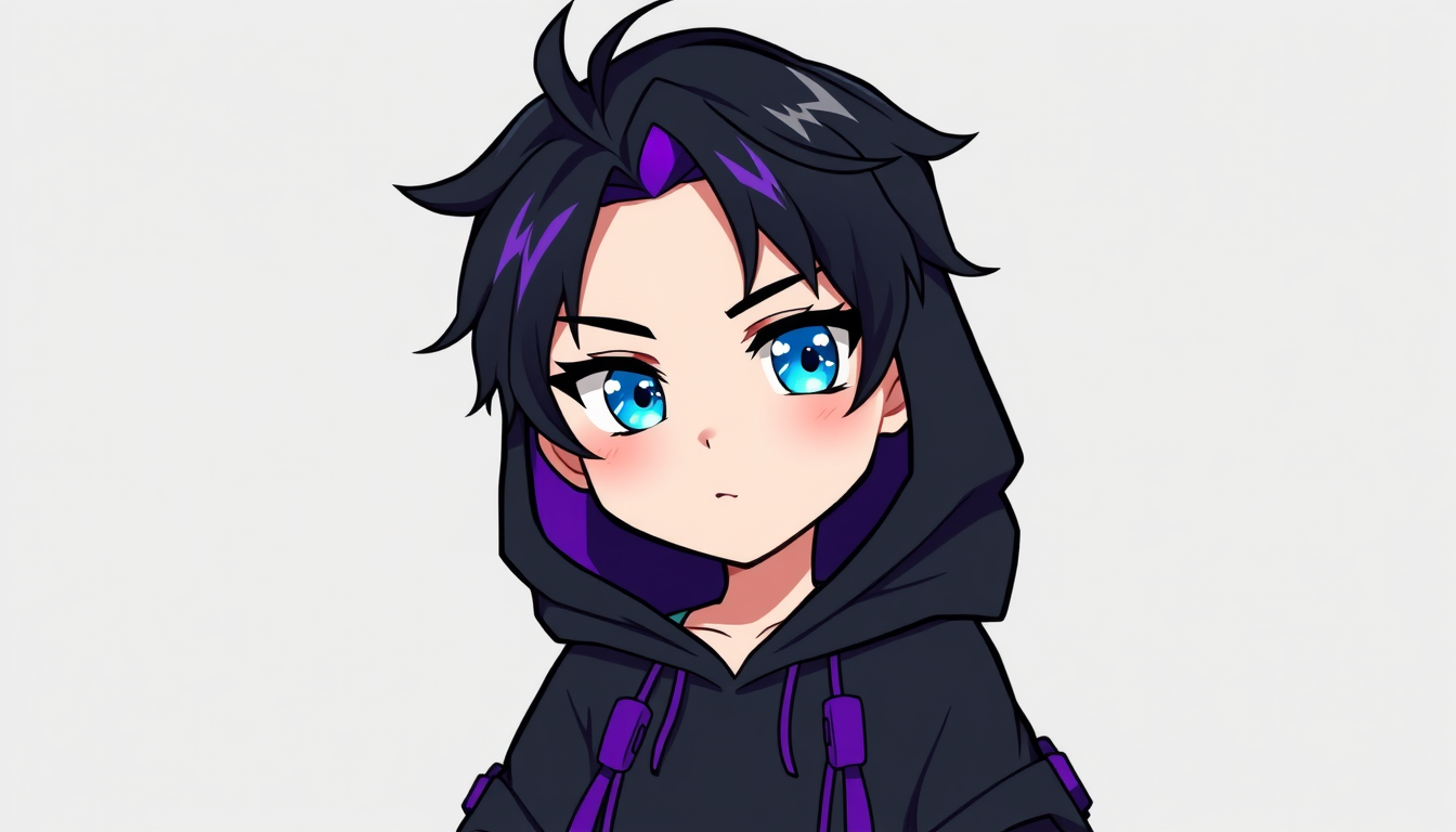 VTuber Avatar idea created from the prompt: vtuber avatar, anime style bust, expressive eyes, streaming overlay ready, Original male chibi VTuber character, young adult, messy black ha