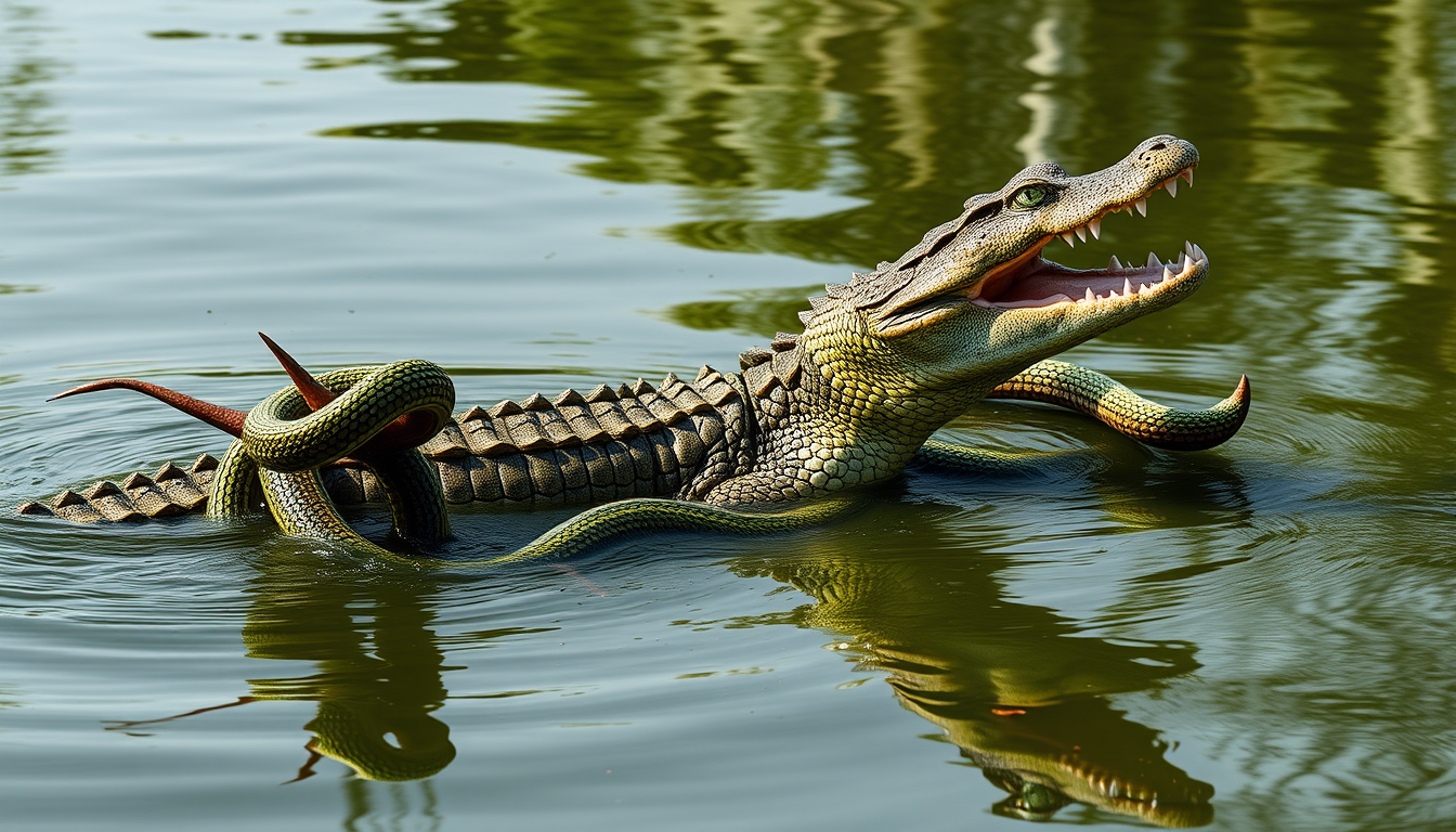 Main art studio: make a crocodile/alligator with snakes as arms this has to be realistic and please make it neat the picture takes place in the amazon and make it work