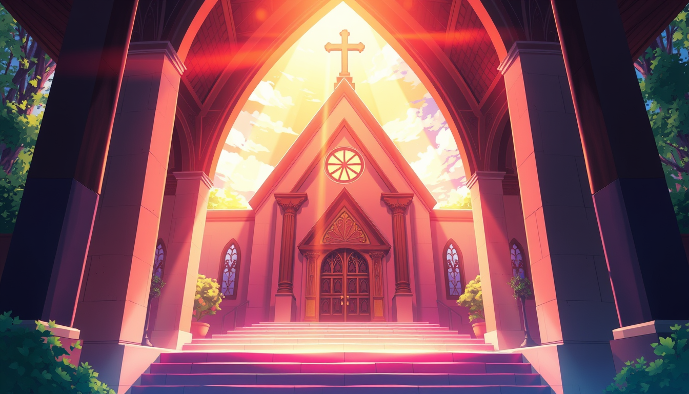 Anime idea: anime style, vibrant colors, expressive eyes, Inside front of the holy church where sunshine , detailed anime illustration