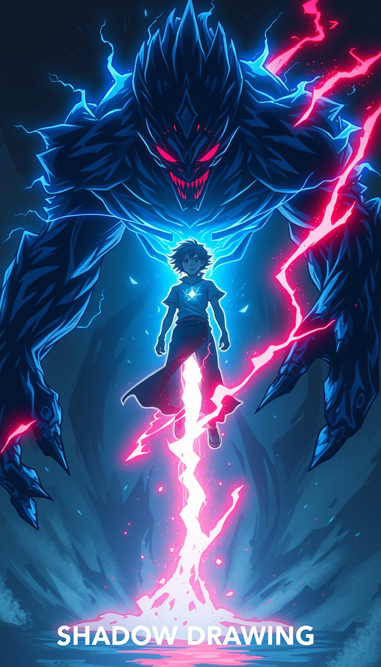 Main art studio: Create a cinematic YouTube Shorts thumbnail from the uploaded artwork. Keep the anime character and giant dark shadow creature recognizable. Enhance t