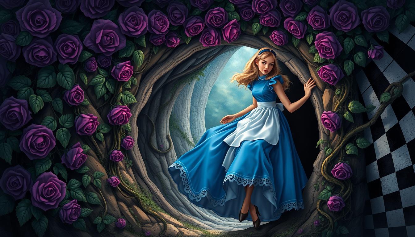 Fantasy Art idea created from the prompt: fantasy art, epic, magical, detailed illustration, Highly realistic image of young adult Alice dressed in a striking blue gown, with a white