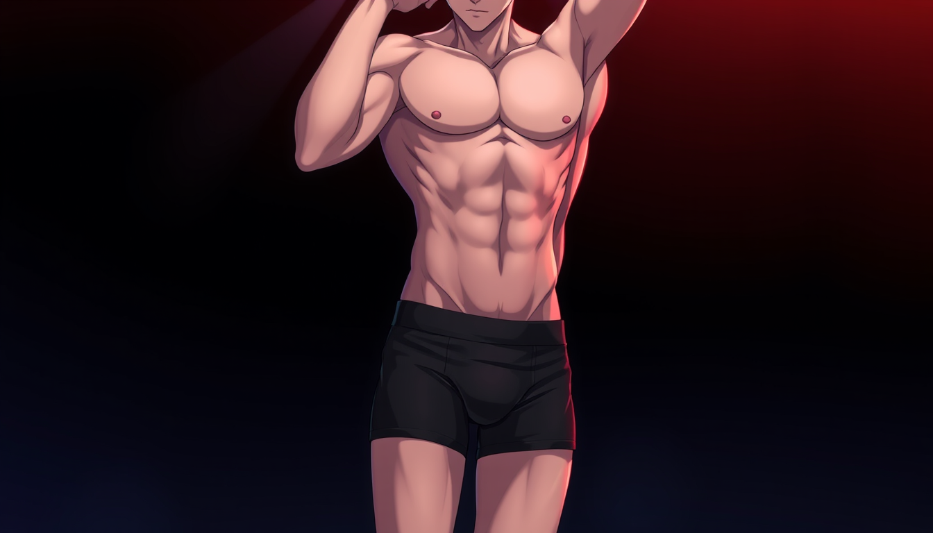 Anime idea: anime style, vibrant colors, expressive eyes, Anime art, fictional adult male, slim body, standing in black boxer briefs, sensual pose, visible bulge