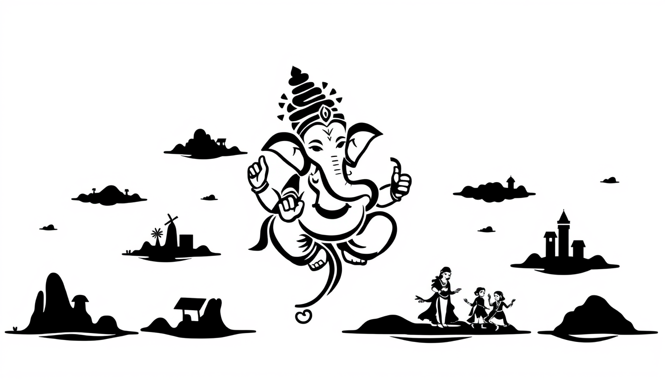 Stencil idea created from the prompt: high-contrast stencil concept, solid connected black shapes, minimal isolated islands, Ganesh god with his family , thick readable edges, si