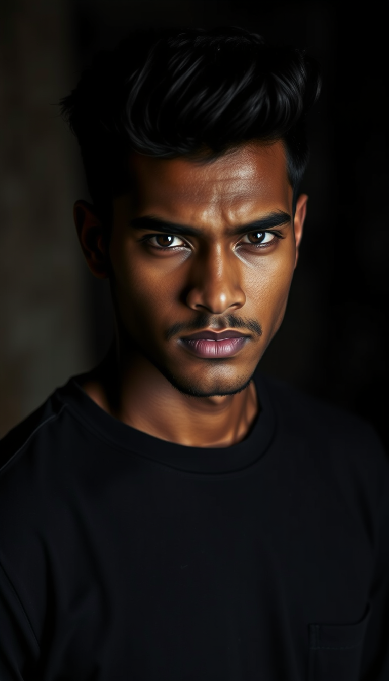 Main art studio: A handsome 23-year-old Sri Lankan man named Kavindu, youthful charming face, stylish modern black textured haircut, warm medium-brown skin, expressive