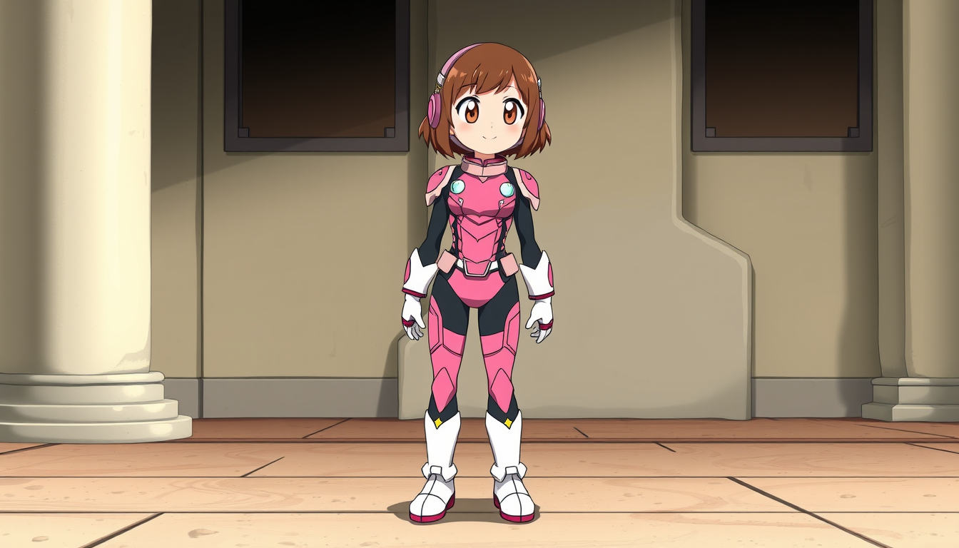 Main art studio: Ochaco Uraraka from My Hero Academia, standing on the ground with both feet firmly on the floor, full body visible from head to toe, wearing her class