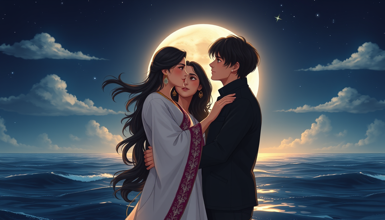 Main art studio: Create an ultra-detailed 4K cinematic romantic image of a young Indian man and woman holding each other gently around the waist, standing very close a