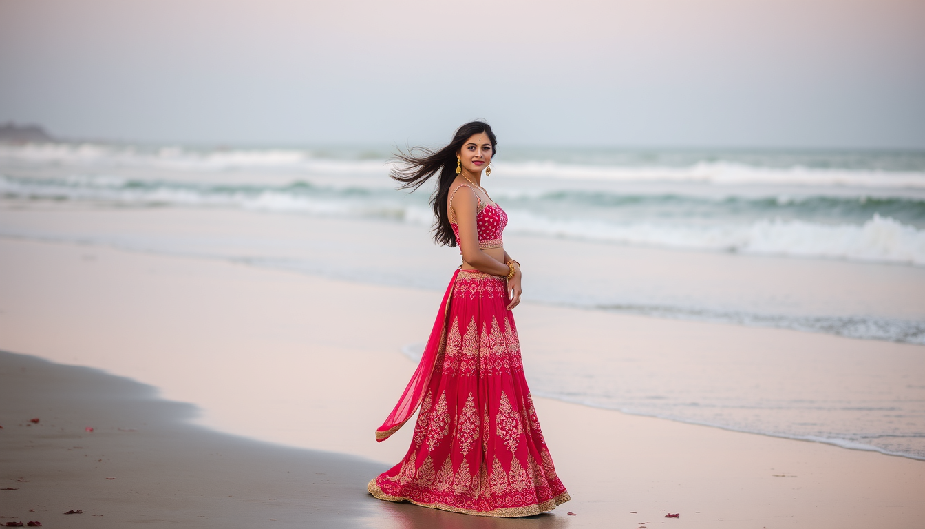 AI Art prompt example created from the prompt: Make a image of girls take in long dress look gown heavy like party wear dress look piche lehenga faila hua pure dur Tak upar Se photo shoot