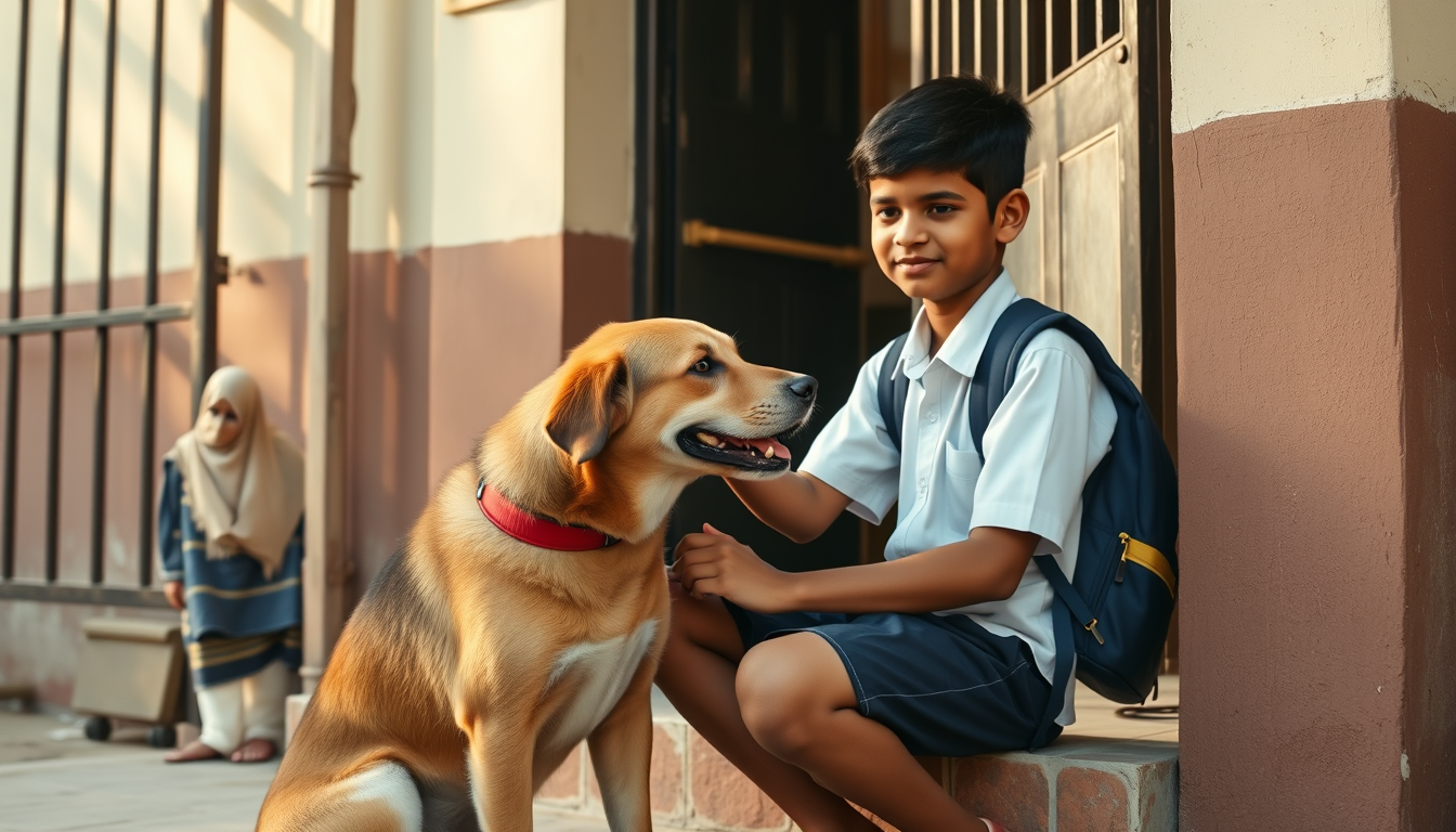 Main art studio: Same Aarav and Bruno from the previous scenes. Aarav, a 10-year-old Indian schoolboy in a white school shirt, navy shorts and blue backpack, sits outs