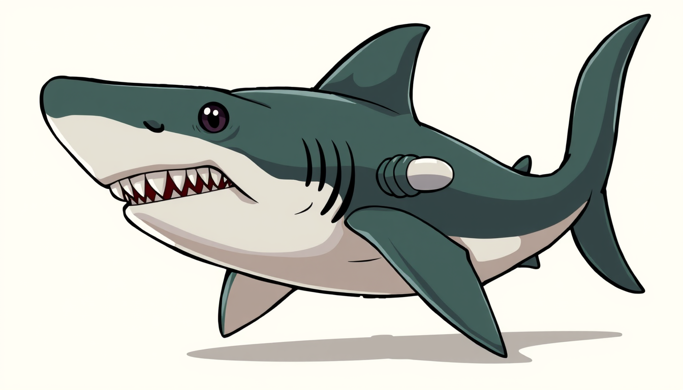 Main art studio: Keep the original shark design exactly. Turn the original realistic cannon shark into a 2D cartoon illustration. Keep the same shark body shape, same