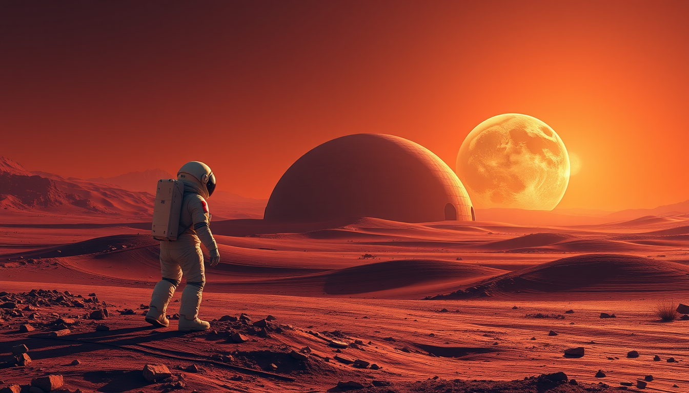 Main art studio: create an image which background is set on planet mars and a dome like structure is visibleon the back right hand side of the image and one astronaut