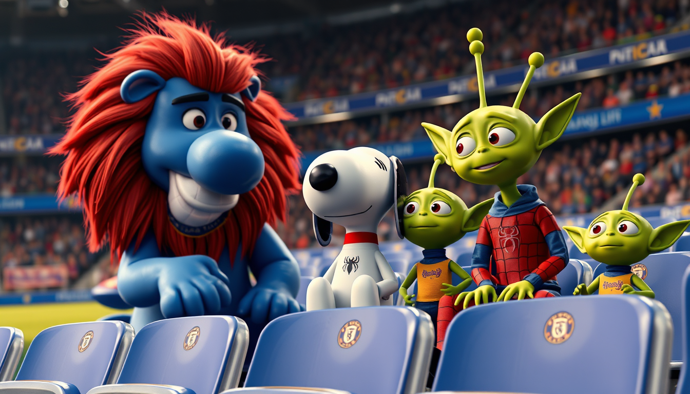 Main art studio: Un león azul del Chelsea junto con snoopy, spiderman y un alien de toy story, juntos en un estadio, los cuatro con coronas doradas en la cabezaz y fel