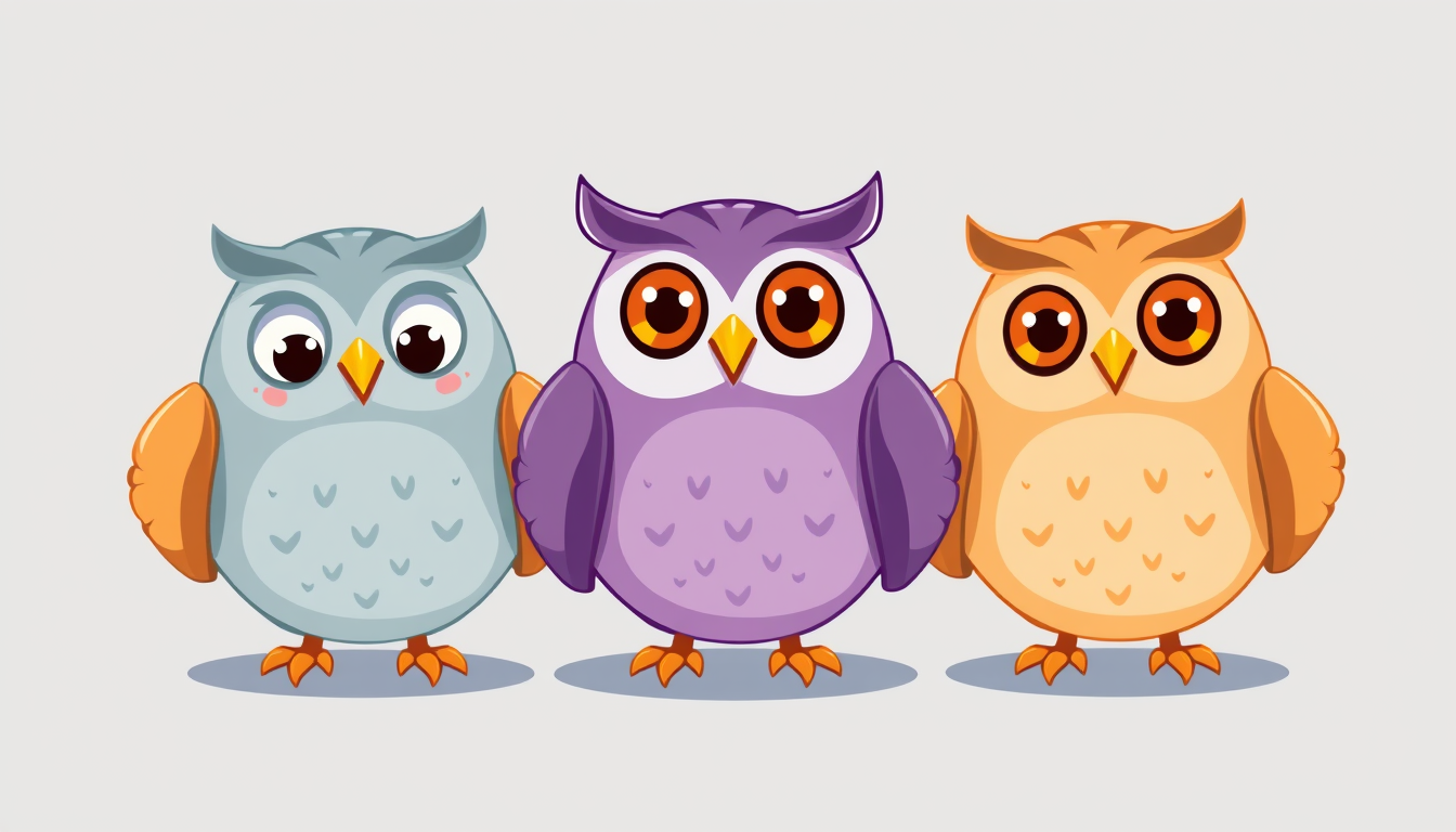 Main art studio: charming 2D mascot logo with exactly three cute, cheerful owls, positioned far apart with lots of space between them. Colors: blue-gray, purple and wa