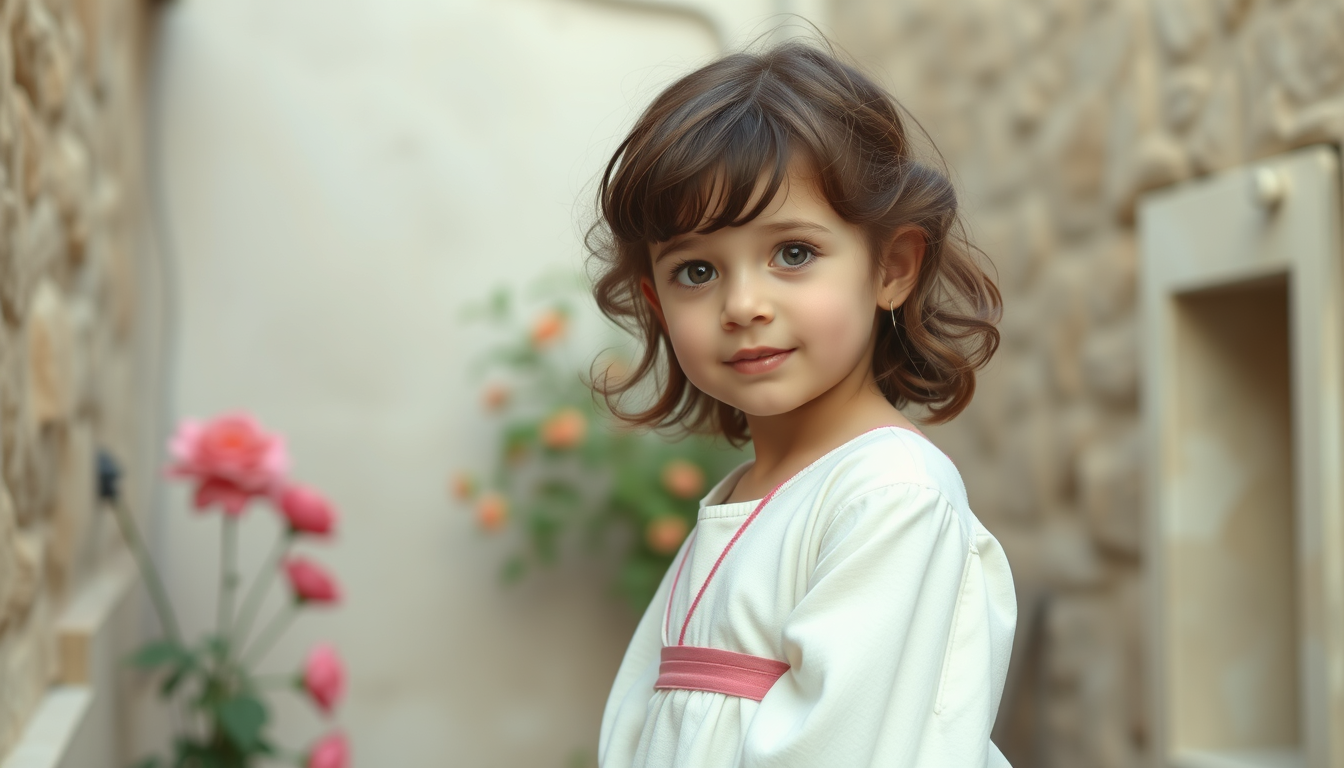 Main art studio: petit fille brune au cheveux onduler assé court peut baige des petite joue rose claire une robe blanche et des cile long qui fait un calin a l habitan