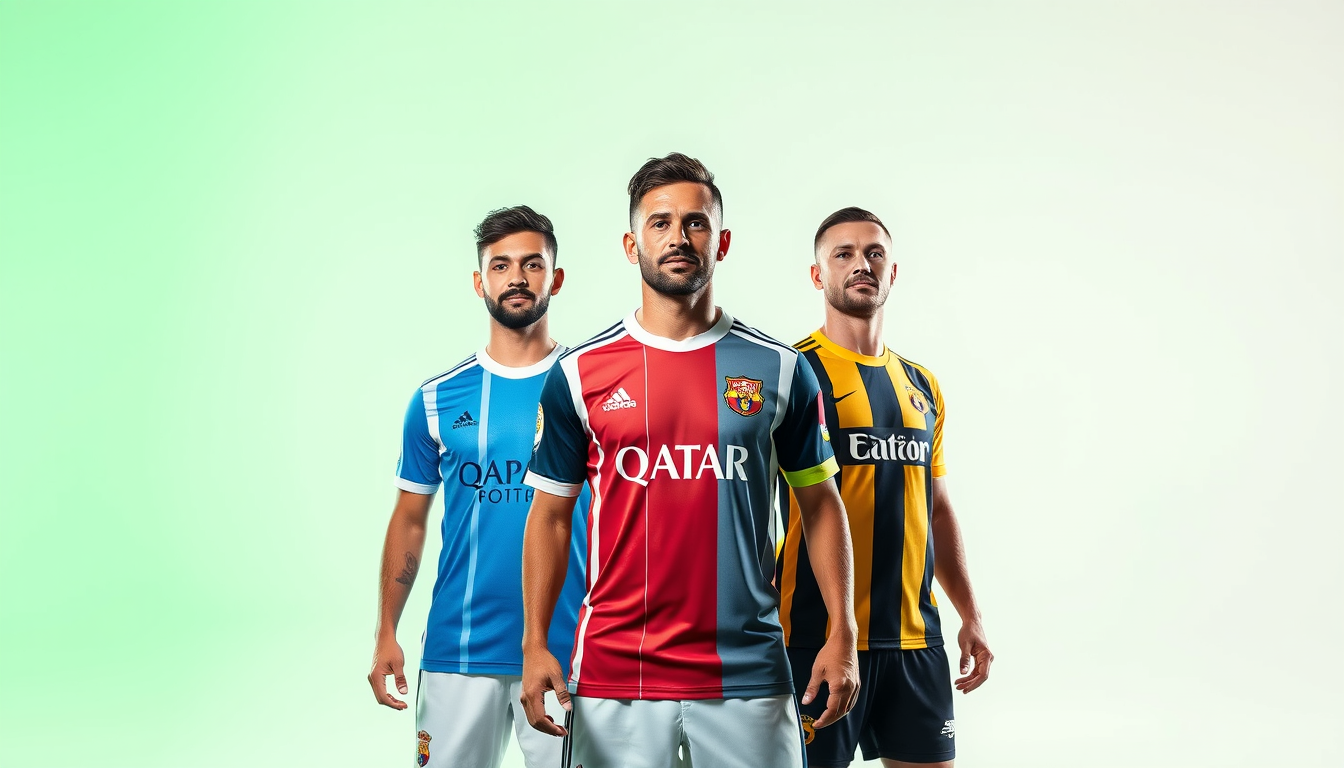 Main art studio: Create an image of a photo shoot of a football club, with three footballers in, home, away, and third kits