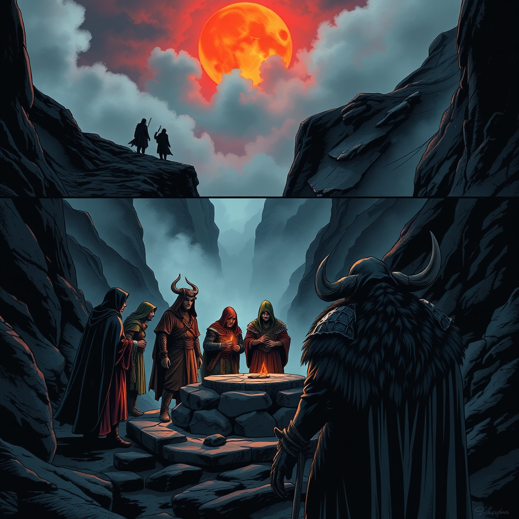 Main art studio: Dark fantasy comic book page, 3 vertical panels layout, Lord of the rings style. Top panel: wide cinematic shot of five hooded figures walking through