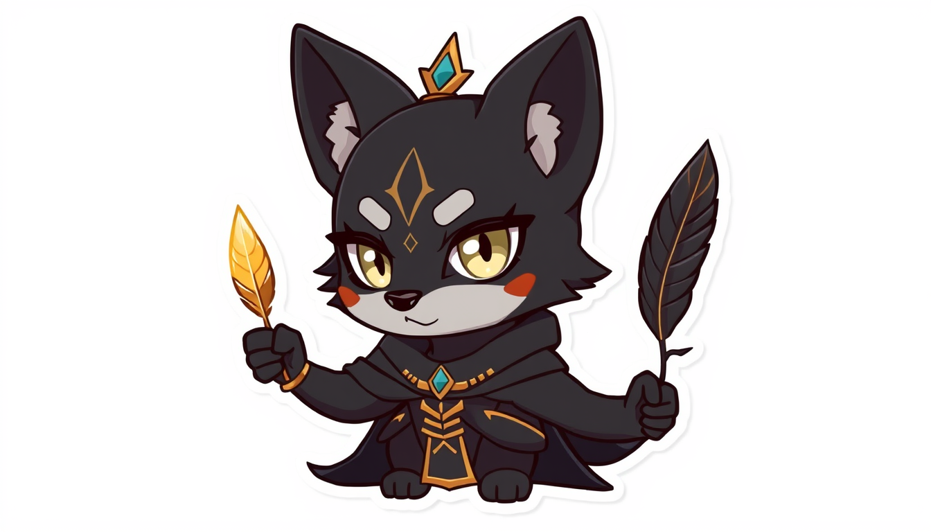 Fursona idea: fursona character, anthropomorphic animal design, expressive personality, reference sheet style, Chibi black jackal guardian holding a small glowing f