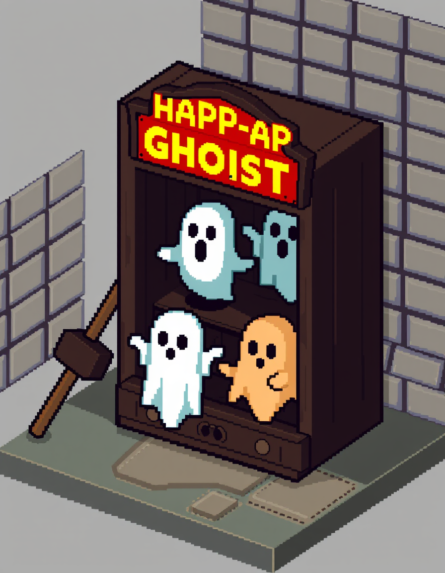 AI Pixel Art idea created from the prompt: pixel art, 32x32 sprite scale, limited palette, retro 16-bit game art, Create a Habboween whack-a-ghost Rare in old Habbo Origins pixel art.