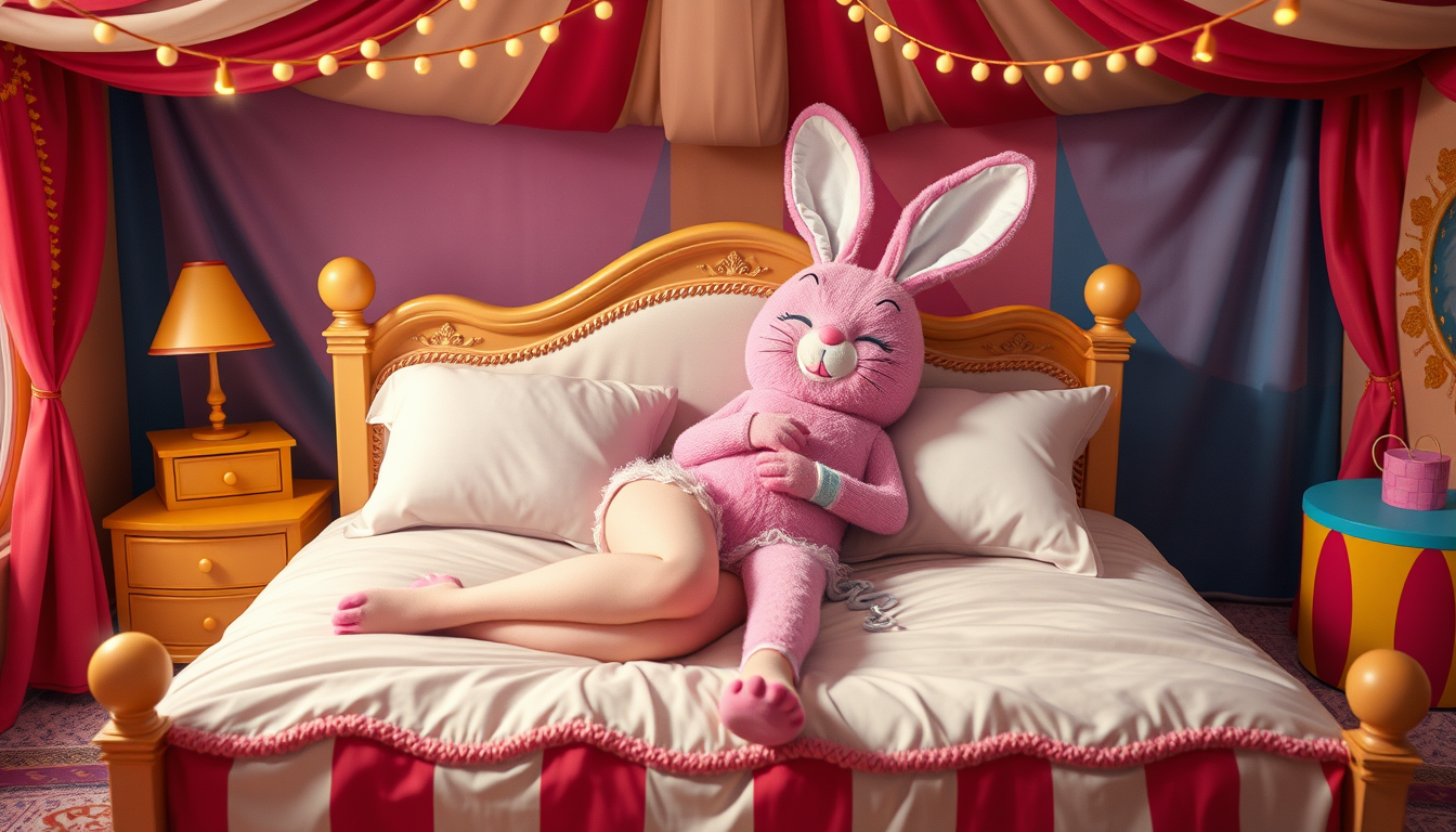 Main art studio: The Amazing Digital Circus Create a digital circus-style scene where Parmi and the pink rabbit-like character are lying on a bed, gently hugging each