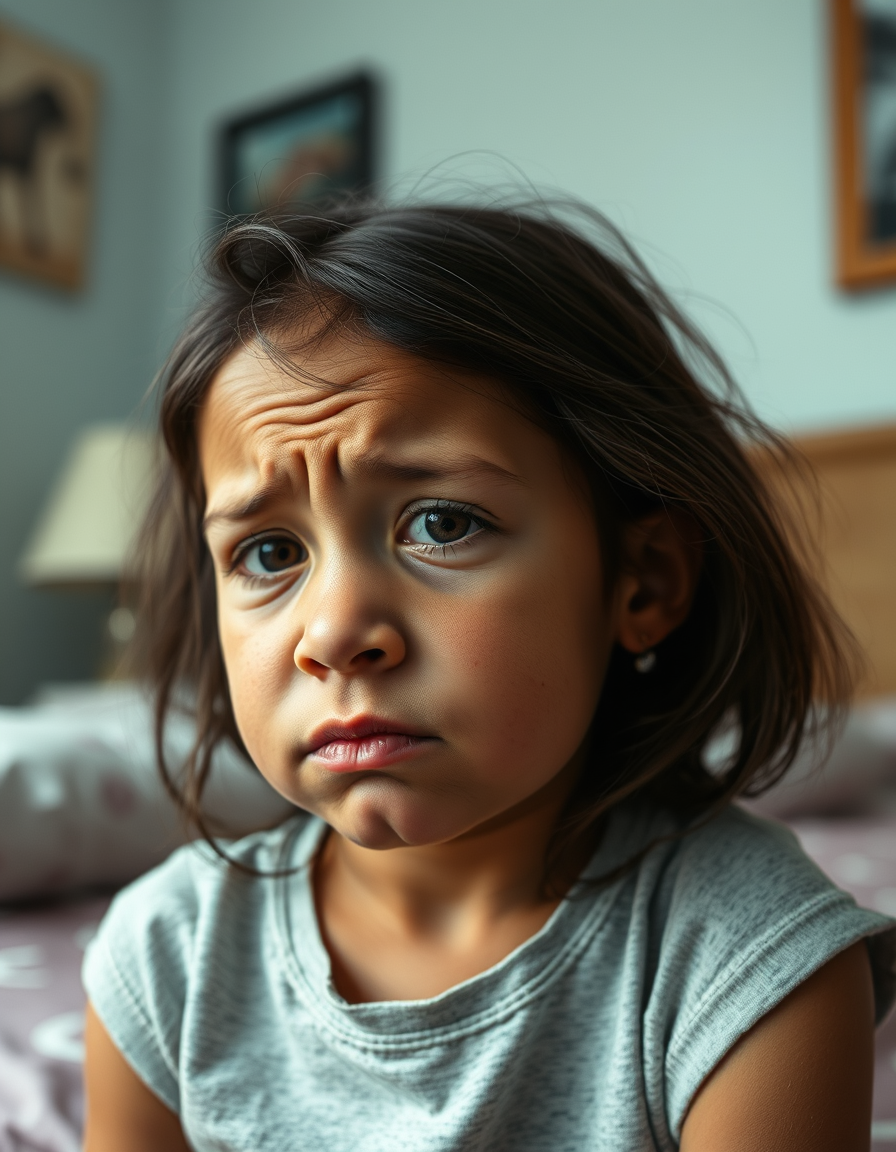 Main art studio: dark tanned 10 year old with girl dark brown hair sitting in a bedroom, head tilted down, very wrinkly, lots of wrinkles, wrinkled nose, wrinkles all 