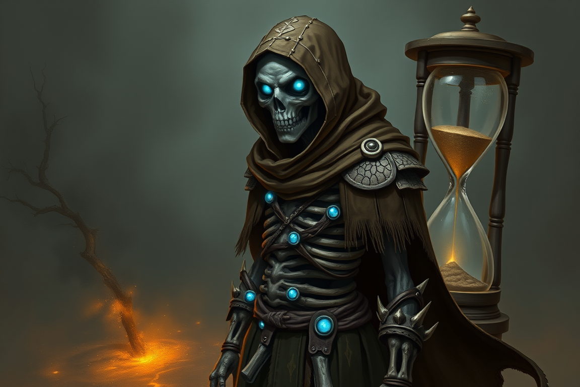 Characters idea: an original character defined by silhouette, role, outfit, palette, and expression, deliberate composition, Dark fantasy portrait, gaunt undead wander