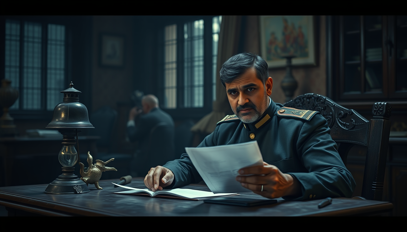 Main art studio: Ultra photorealistic cinematic 4K historical scene, Shrikant Jung Bahadur sitting at an old wooden desk examining a folded paper, suspicious expressio