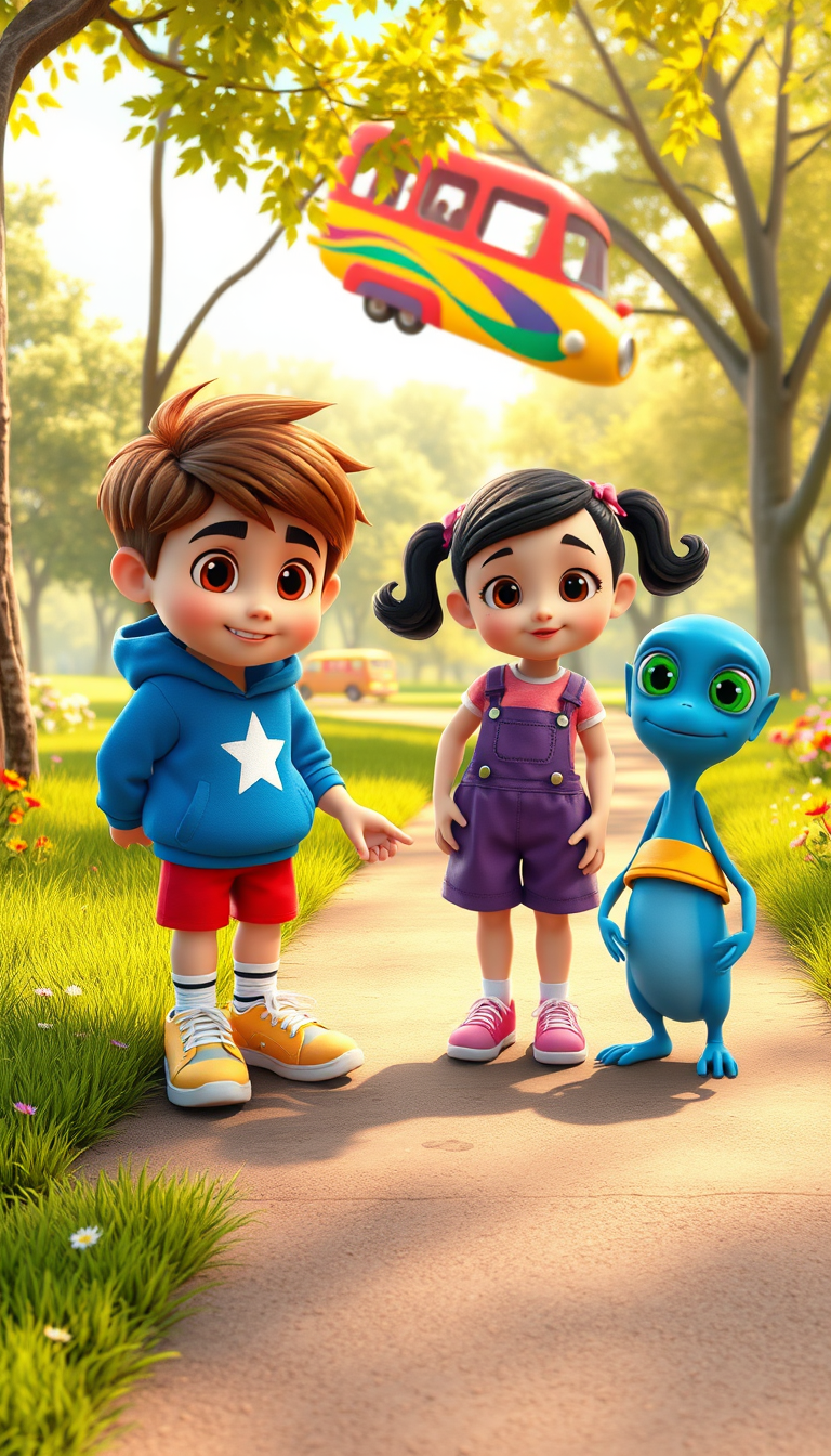Main art studio: Create a colorful, high-quality 3D animated cartoon image for a children's adventure, in vertical 9:16 format. Show exactly three characters together
