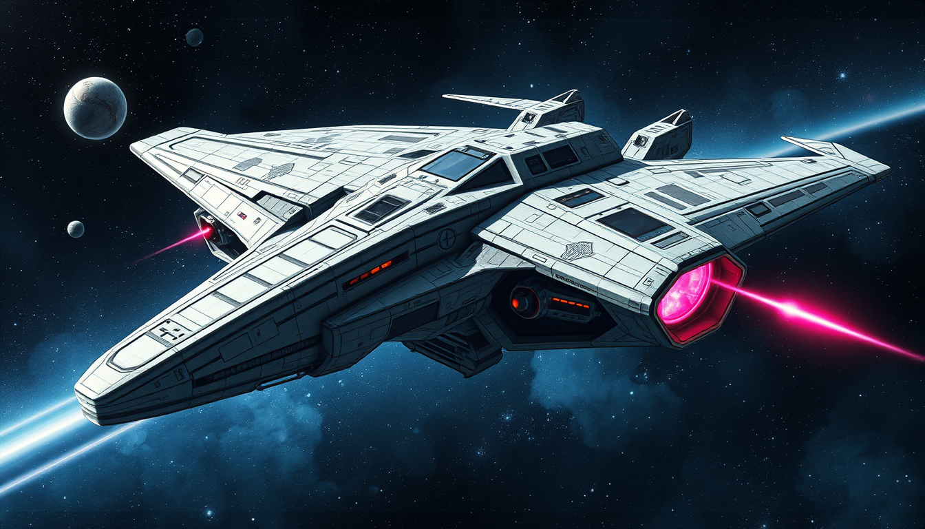 Spaceships idea: sci-fi spaceship concept art, detailed hull, deep space background, 90's inspired dragonfly shaped space fighter , full spaceship design illustration