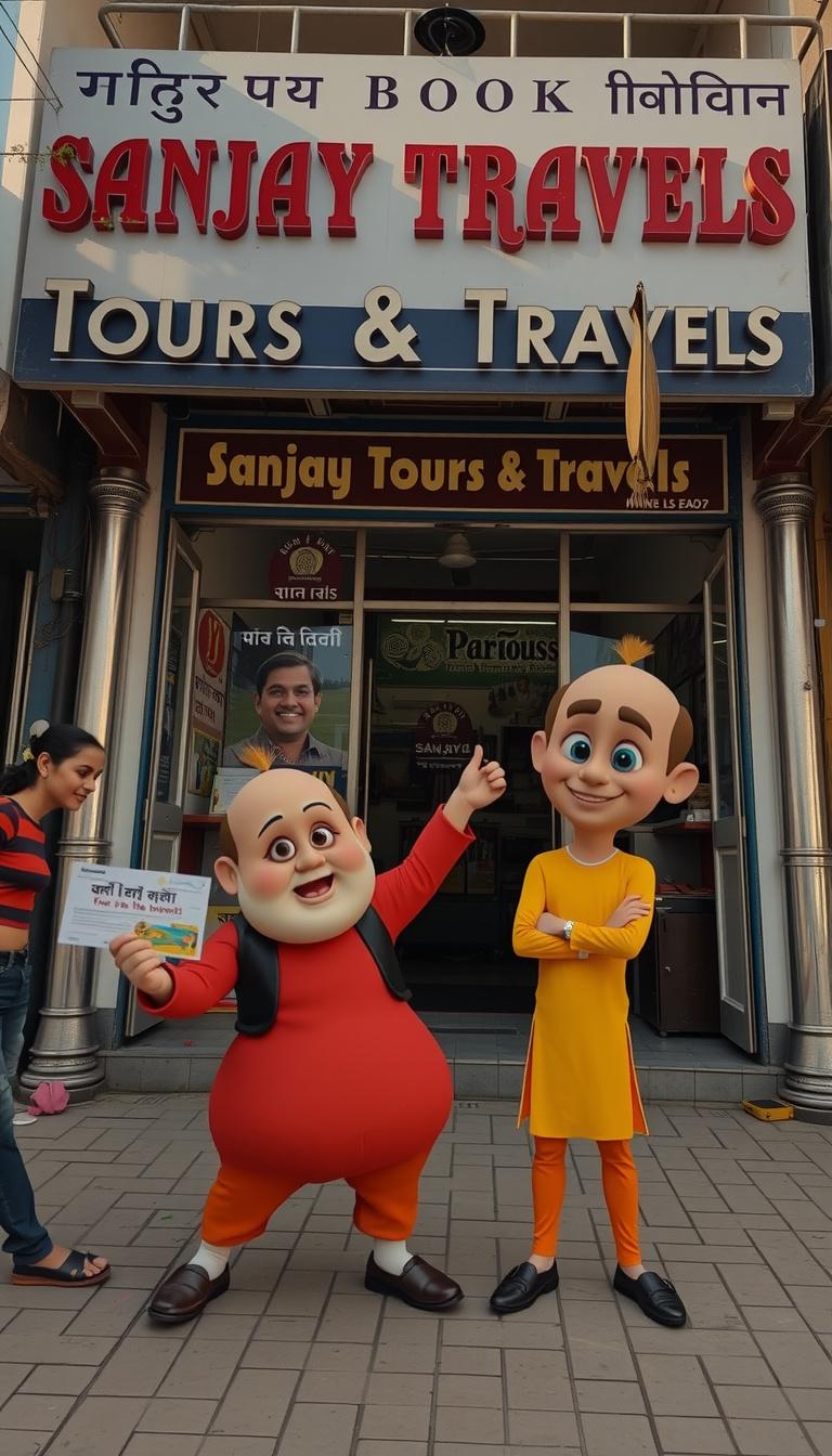 Main art studio: Use the uploaded Motu & Patlu image as the exact character reference and the Sanjay Tours & Travels image as the exact location. Preserve both exactly