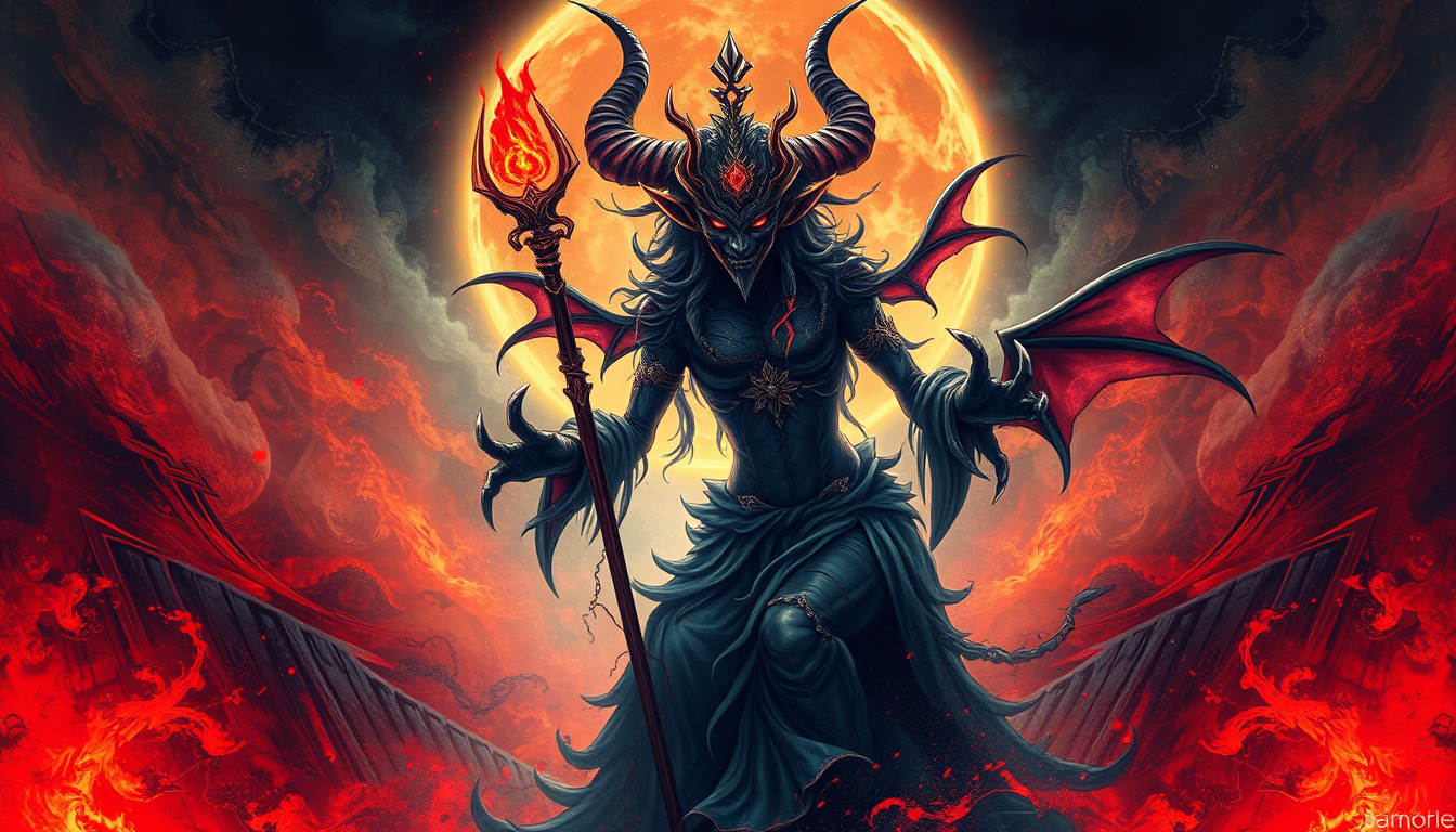 Wallpaper idea created from the prompt: wallpaper artwork, wide atmospheric scene or bold pattern, high detail, A demon goddess , desktop or phone wallpaper