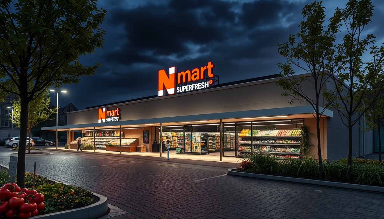 Main art studio: In Bremen gibt es die Firma Nehlsen. Erstelle einen futuristischen und nachhaltigen Supermarkt mit großem Parkplatz mit Ladesäulen und PV Anlage auf d