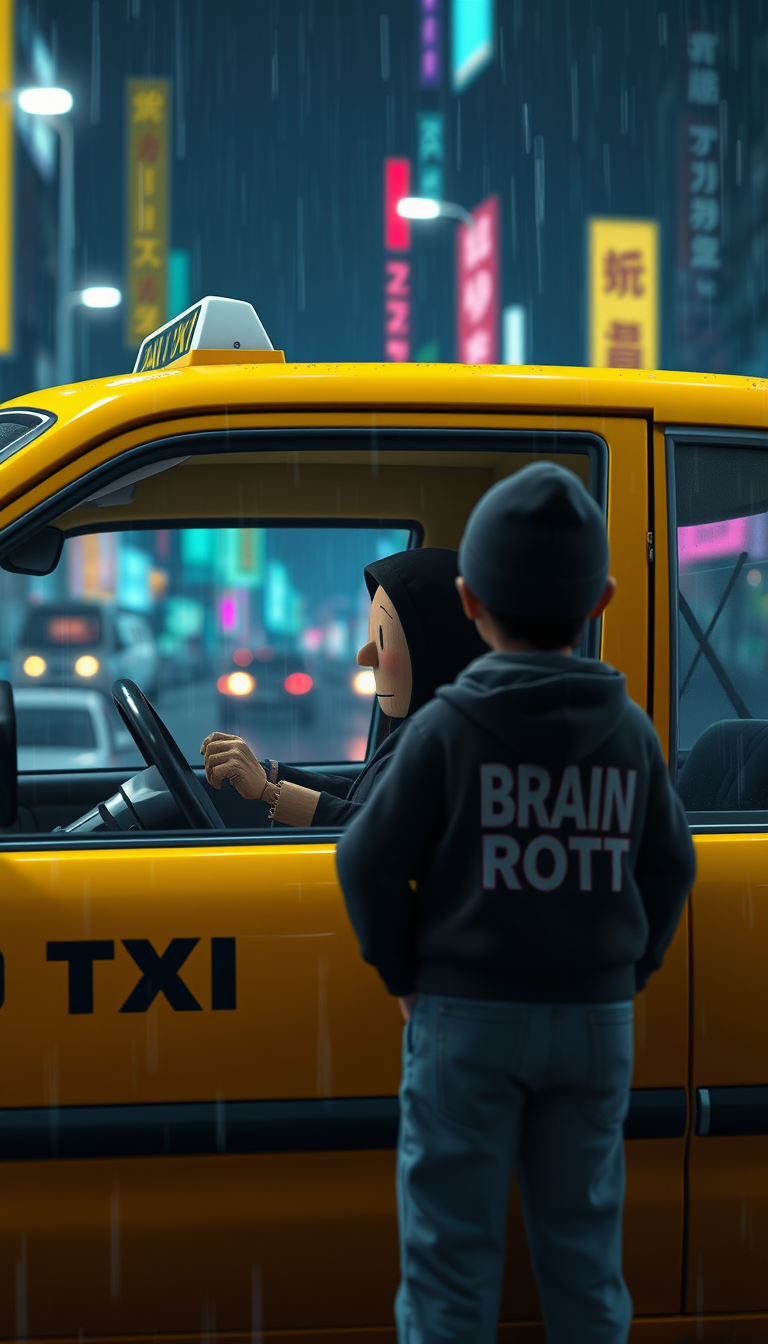 Main art studio: Cinematic vertical 9:16. A yellow taxi in a rainy neon city at night. Inside the taxi, Tun Tun Sahur, a funny wooden brainrot character, is sitting in