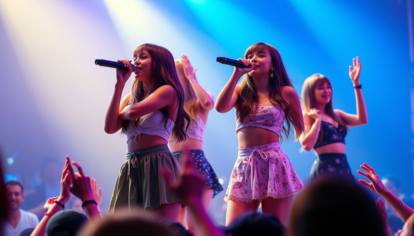Main art studio: a girl group performing on stage with fans