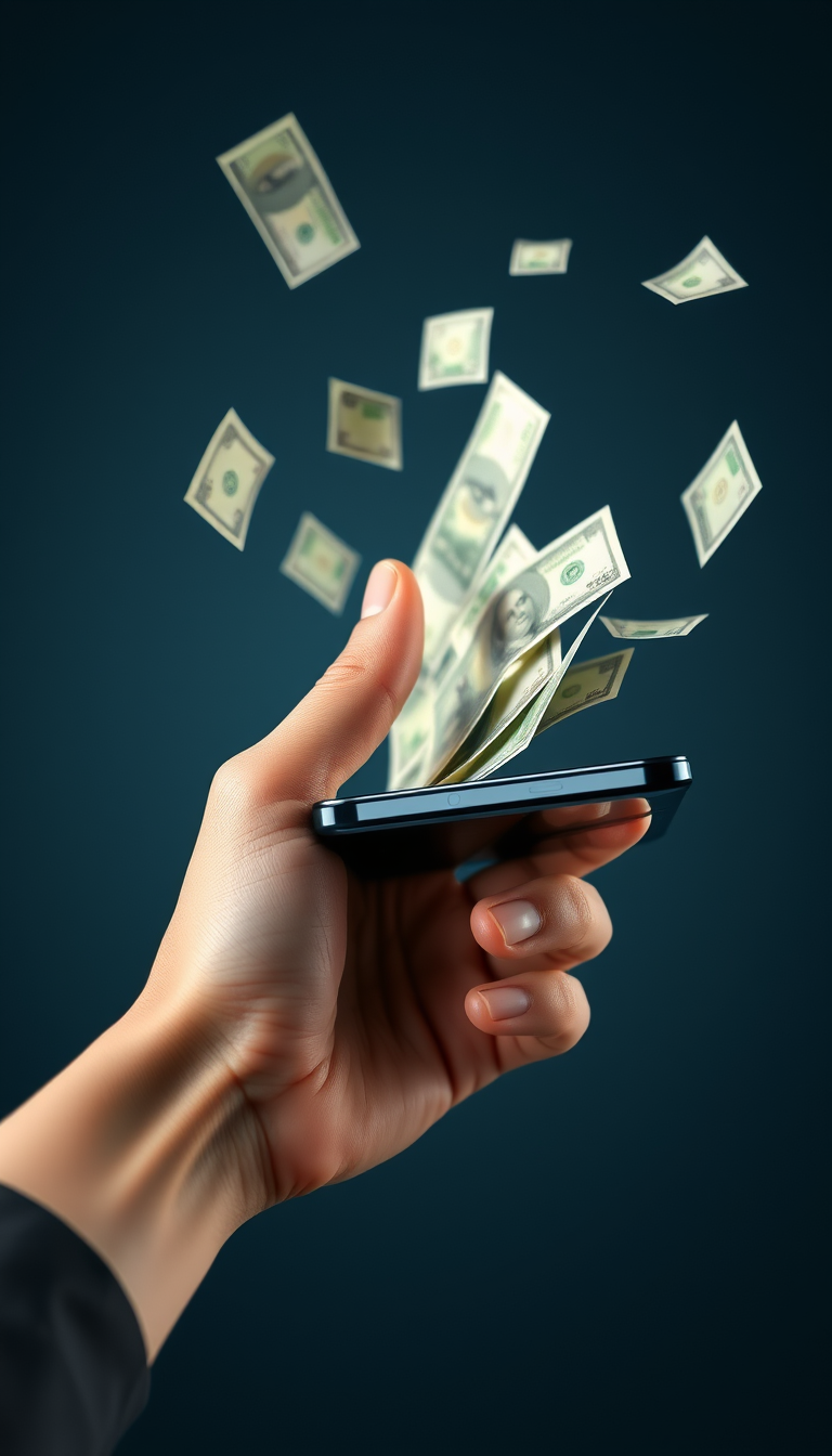 Main art studio: Close-up product advertisement scene, one hand holding a modern smartphone horizontally. The index finger rests on the back panel of the phone, the sc