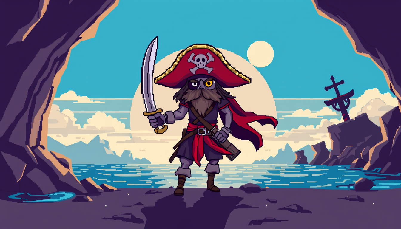 Main art studio: a 16-bit pirate facing sideways holding a sword with no backround