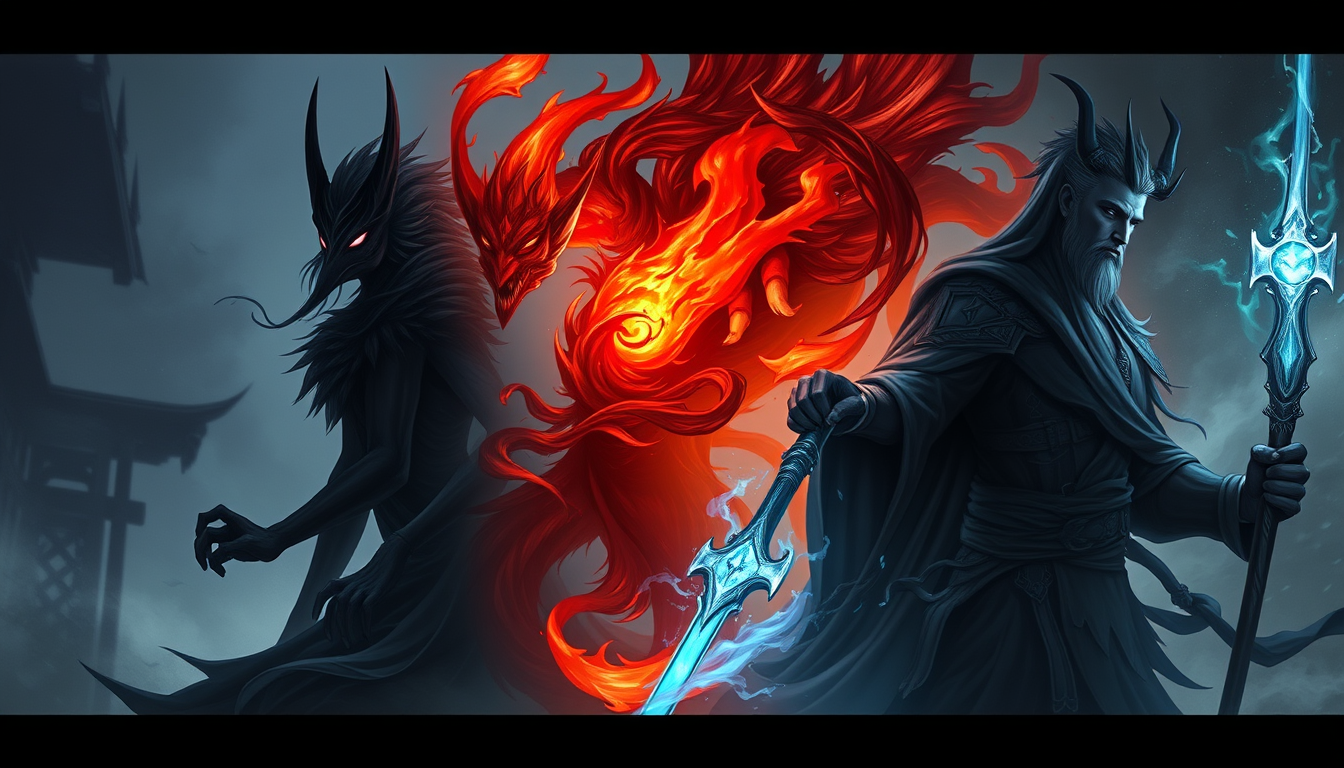 Main art studio: Nox — Vael — negro — fuerza y protección. Kitsune — Zhyr — blanco — transformación y engaño. Ignis — Drakhen — rojo — fuego y linaje ancestral. Zarek 