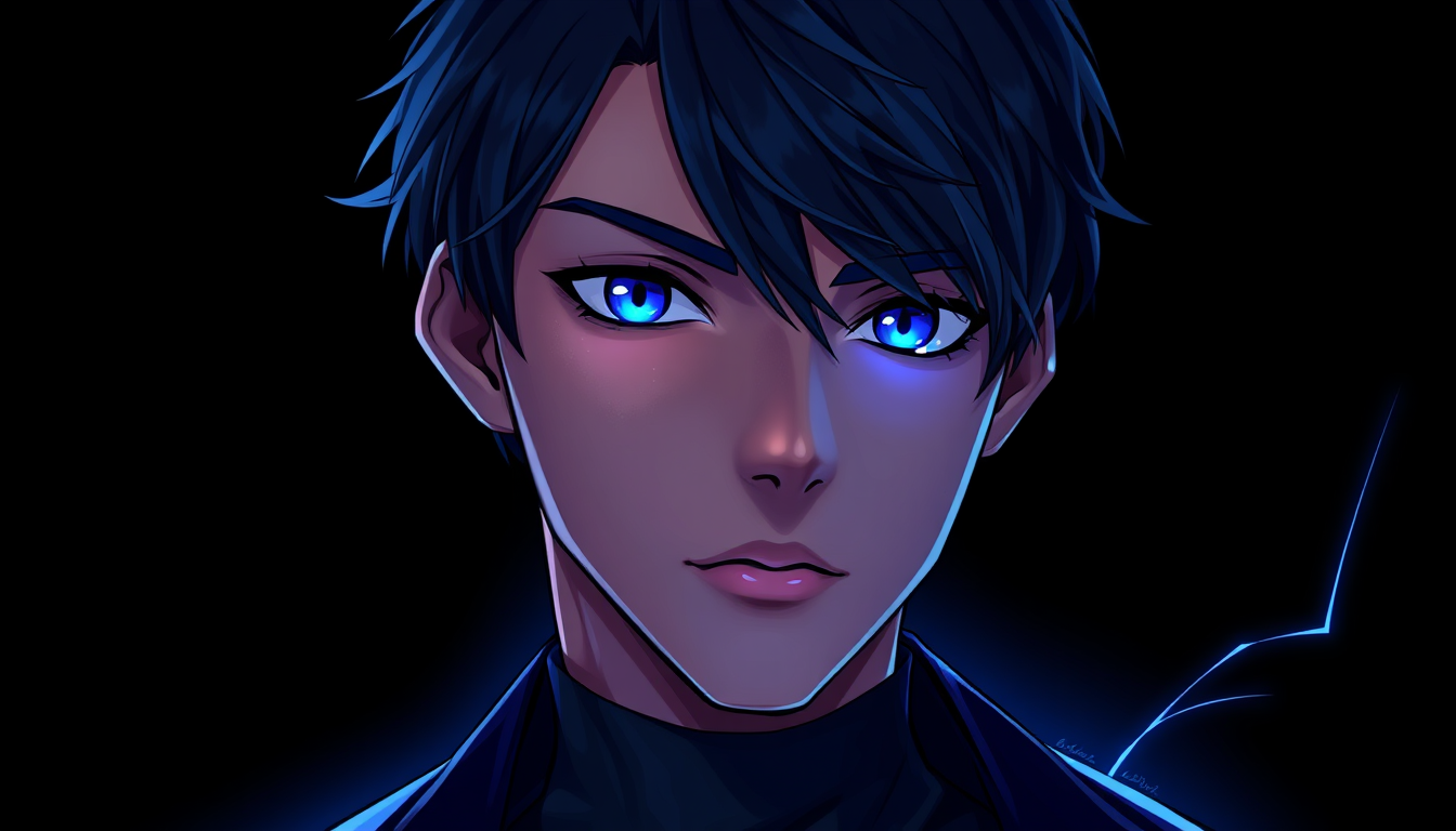 Anime idea: anime style, vibrant colors, expressive eyes, Retrato cuadrado para avatar de Discord, anime realista, joven de pelo negro corto-mediano con textura y