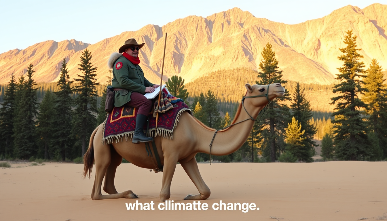Main art studio: a canadian mountie sitting on a camel in a desert surrounded by western redcedar, douglas-fir and sitka spruce trees. with a caption below saying "cli