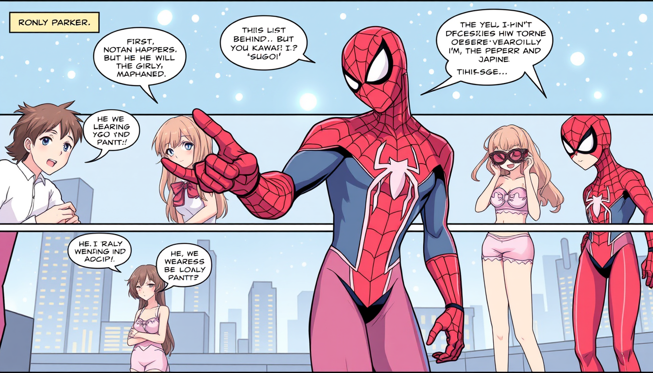 Main art studio: Create a long, multi-panel comic featuring only Peter Parker. He accidentally discovers a cute girly anime and gradually becomes obsessed. At first no