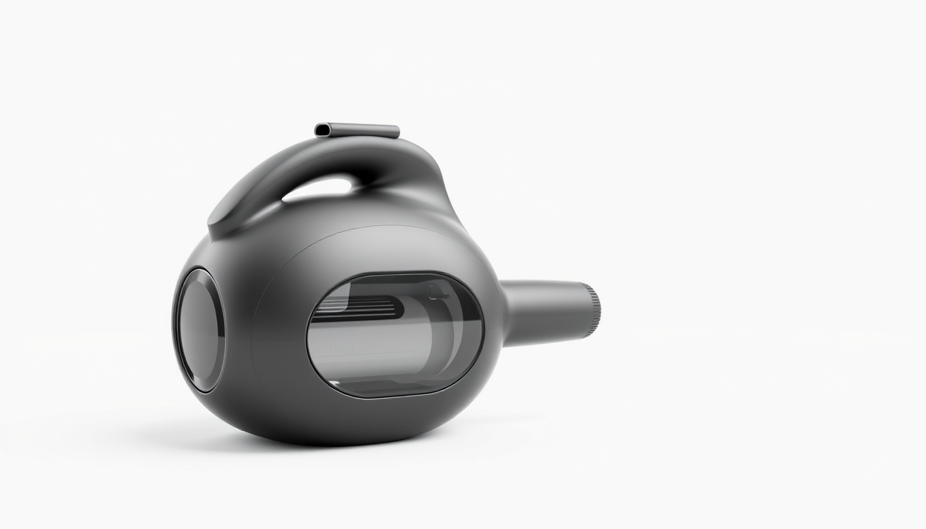 Main art studio: Compact handheld car vacuum, short rounded body, wide suction nozzle, visible removable battery underneath, large open curved handle with a free end, 