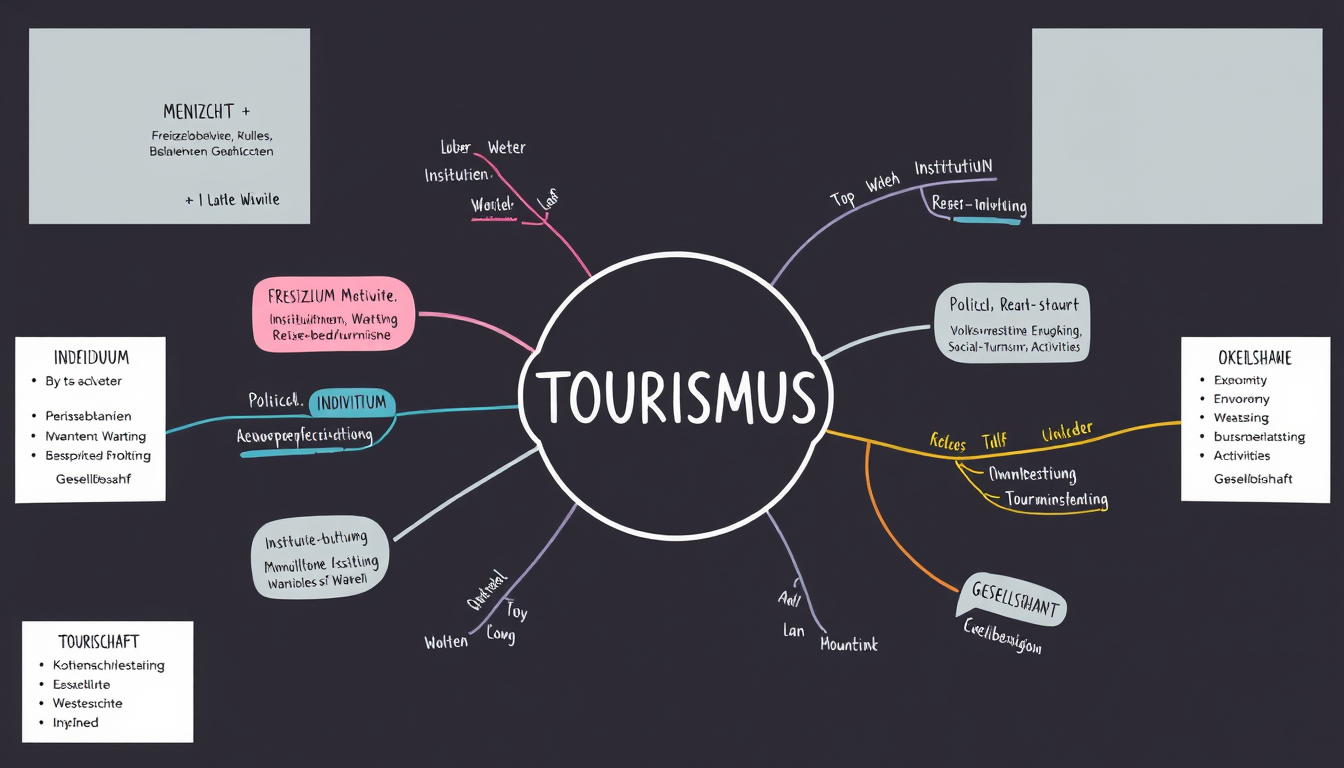 Main art studio: Erstelle eine bunte, übersichtliche Mindmap für die 7. Klasse zum Thema „TOURISMUS“. In der Mitte: TOURISMUS + „Mensch, Institutionen, Regeln, Beziehu