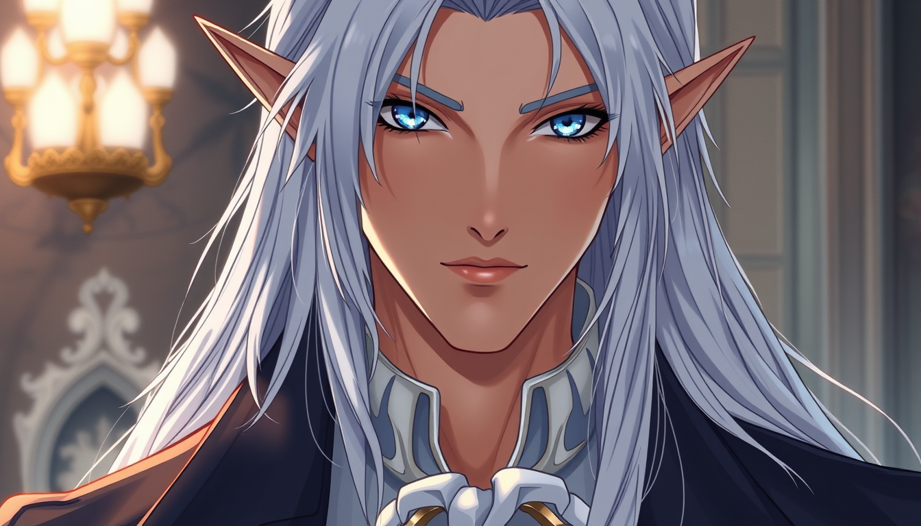 AI Art prompt example created from the prompt: A powerful yet lean body under aristocratic clothes. He’s infuriatingly pretty with sharp features, and he has deep blue eyes with serpentin