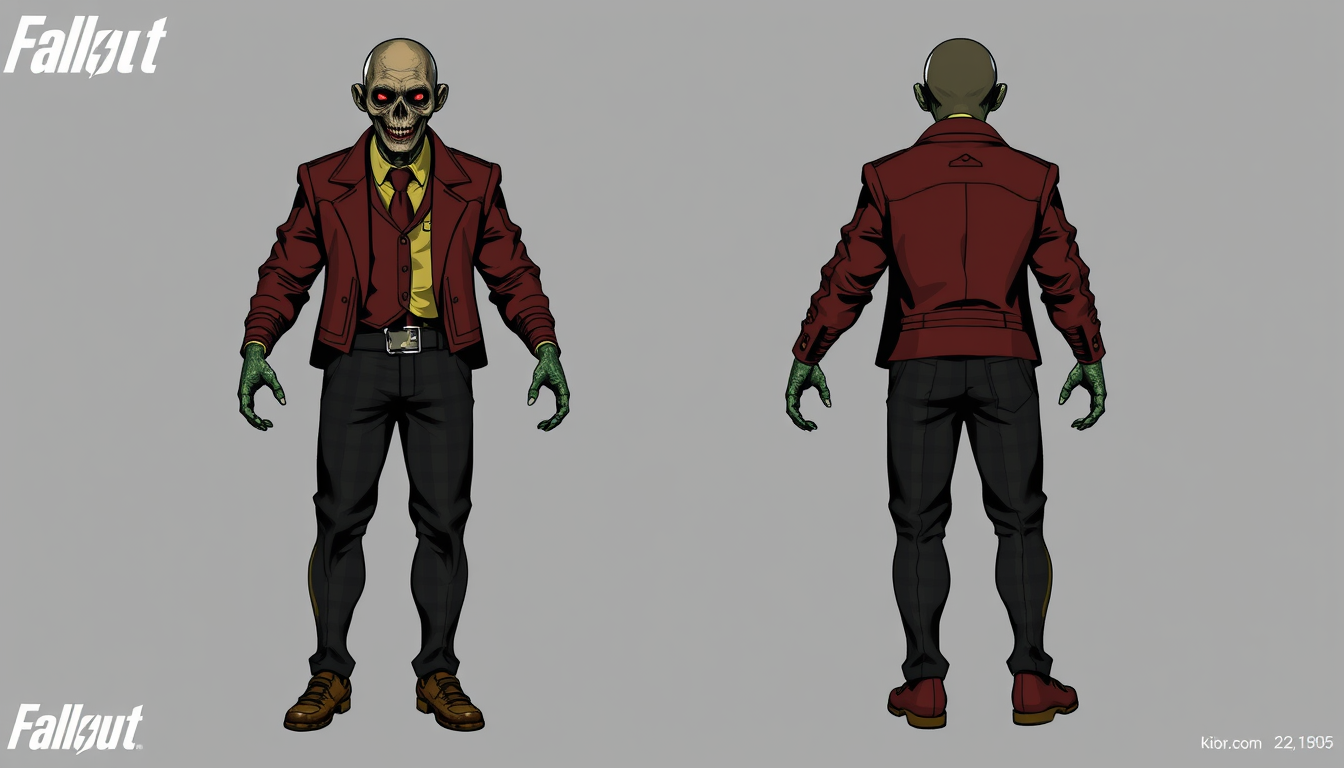 Main art studio: full length photo. ghoul from. Fallout universe. dressed in 1950s clothing. concept art for game. male. 6 clothing options. front and back view