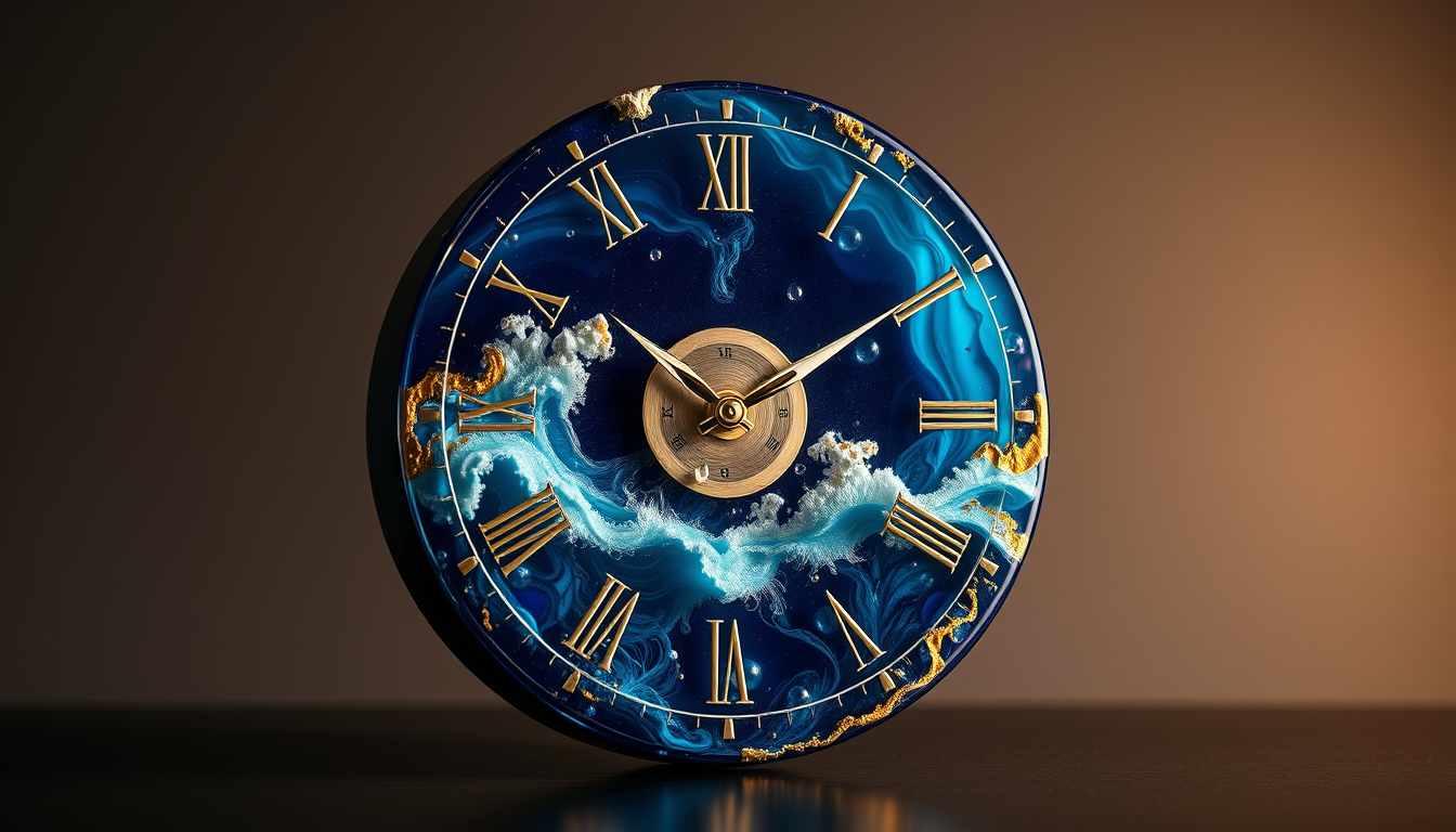 Main art studio: A beautiful handmade resin clock, blue ocean design with gold details, elegant luxury style, realistic product photo, soft warm light, clean backgroun