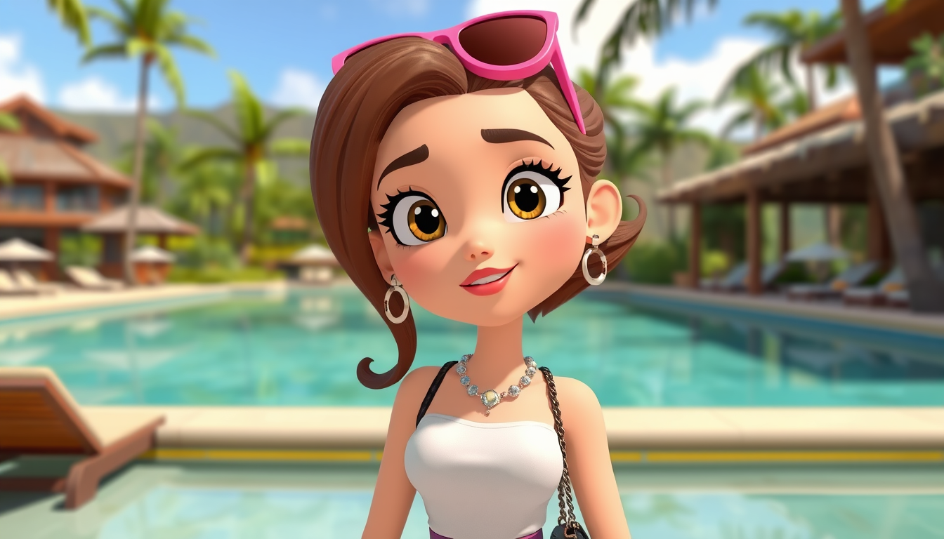 Main art studio: Scene 8: Chloe gives a smart Hawaii travel tip while relaxing at a resort. Cute 3D cartoon character, confident expression, tropical background, anima