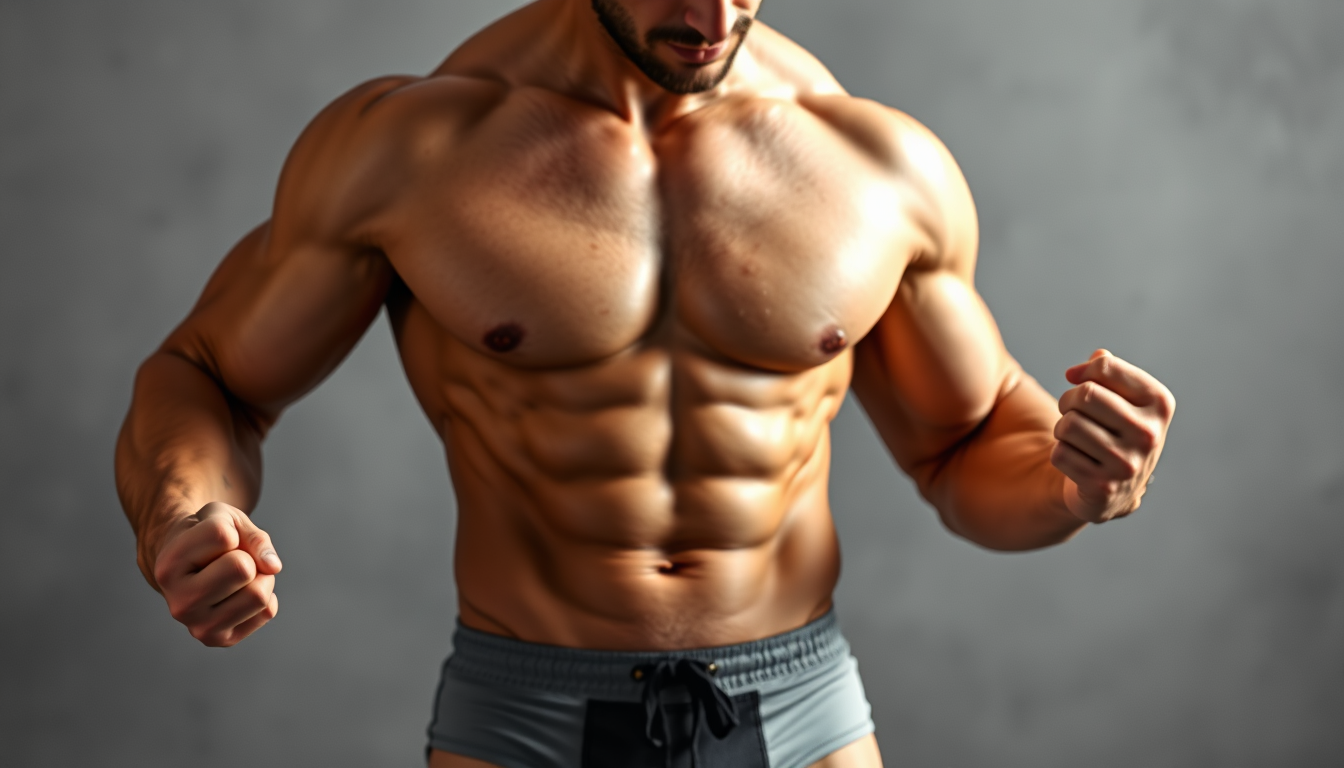 Main art studio: make a picture of a muscular man flexing only wearing a short underpants
